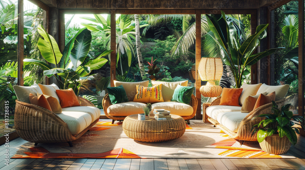 A tropical living room with rattan furniture, pops of bright colors, and lush greenery.