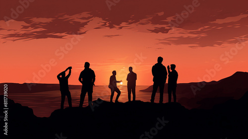 Urban Youth Trend: Group Silhouette Taking Selfie on Cell Phone Banner with Copy Space. Contemporary Lifestyle Concept of Friends Enjoying Social Media Networking Outdoors in City Twilight.
