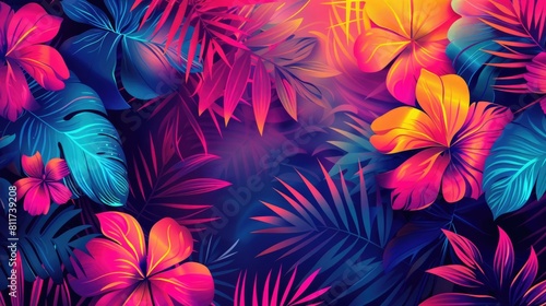 Luminous floral theme featuring vibrant pink and yellow hibiscus flowers against a neon tropical backdrop.
