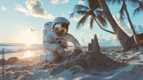 Summer concept, an astronaut building sandcastle on beautiful beach evening light.
