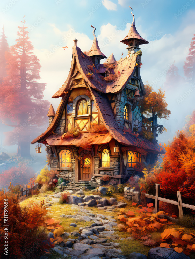 Fototapeta premium Cabin in the Wood, Cartoon Illustration, Generative AI