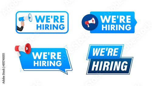 We are hiring text with Megaphone label set. Megaphone in hand promotion banner. Marketing and advertising
