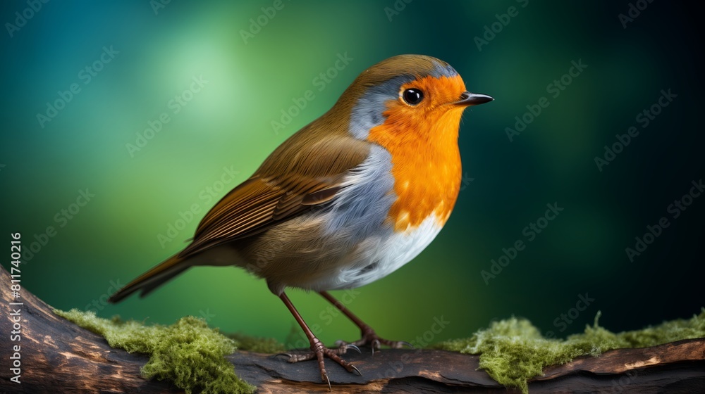 A European robin perched on a mossy branch, with a blurred green background, highlighting its bright orange breast. A European robin perched on a mossy branch, with a blurred green background, highlighting its bright orange breast.
