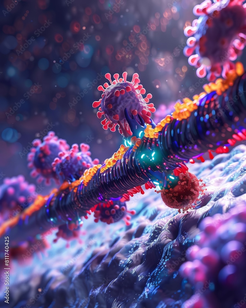 Obraz premium A digital animation showing the mechanism of Quartet Nanocage binding with various pathogens