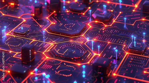 Isometric interconnected nodes in neon light. Abstract technology background