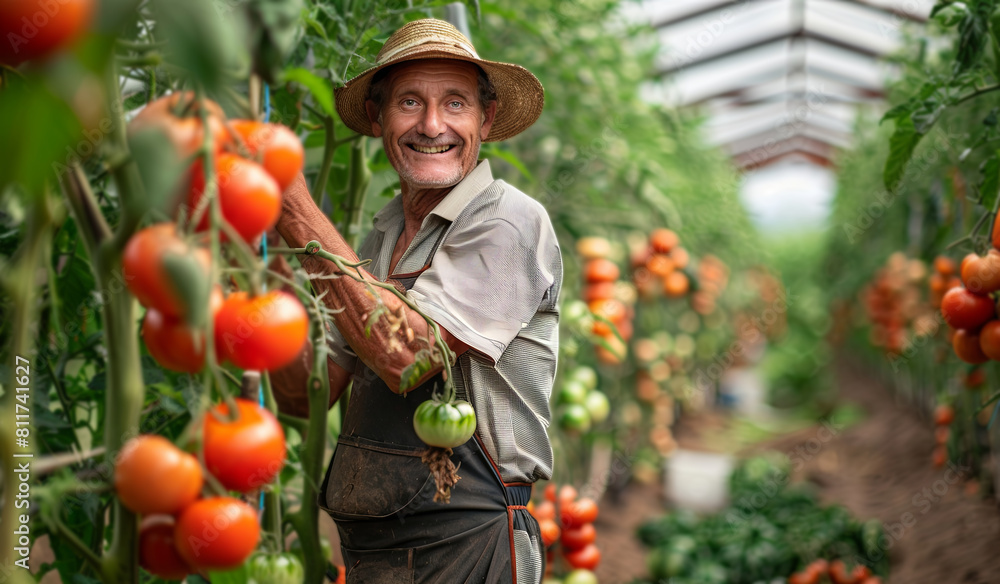 Cheerful senior man harvesting ripe tomatoes in a sunny greenhouse Cheerful senior man harvesting ripe tomatoes in a sunny greenhouse