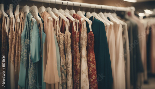 close up view of Indian Women's Fashion Dresses Showcased on Hangers in a Retail Shop.  © abu