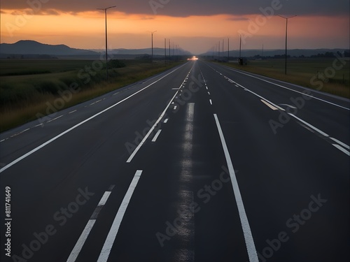 long highway road, clean road, sunset with road travel