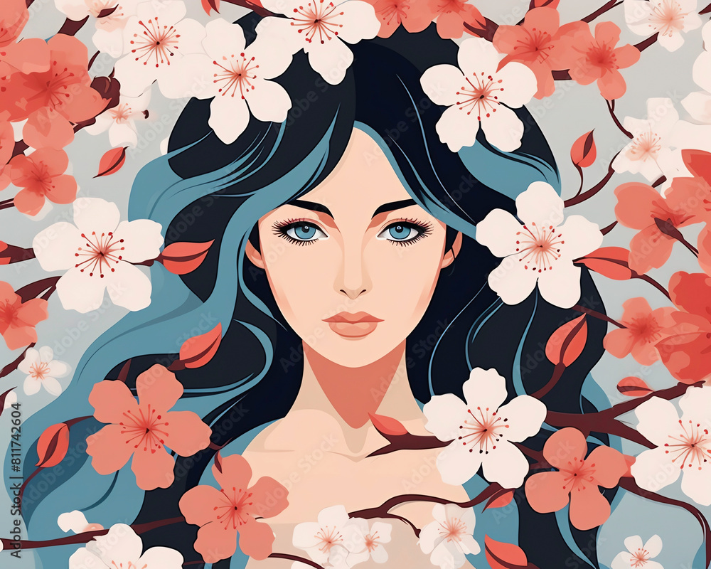 Woman and cherry blossoms flat design top view renewal theme animation Complementary Color Scheme
