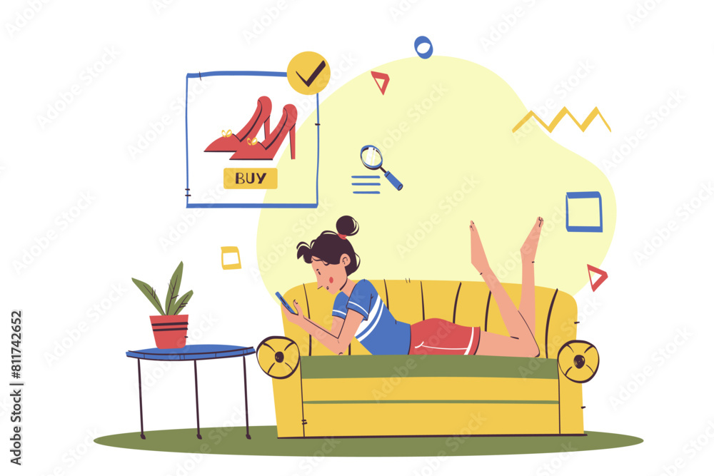Shopping concept illustrations. Woman relaxing on a sofa, using her smartphone to search for items in an online store. Modern vector for graphic and web design. Shopping concept illustrations. Woman relaxing on a sofa, using her smartphone to search for items in an online store. Modern vector for graphic and web design.
