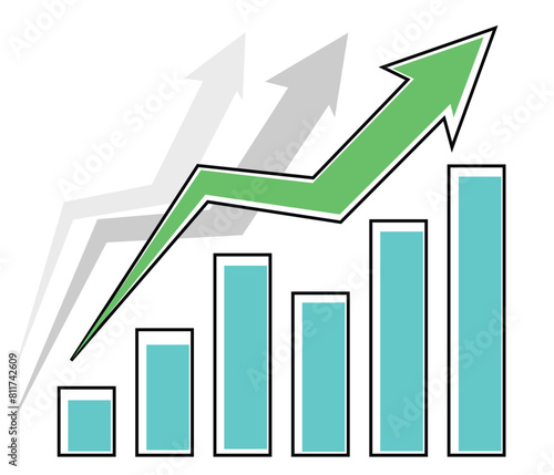 green arrow going up followed by other arrows with blue bars graph profit growth economic boom soft colors