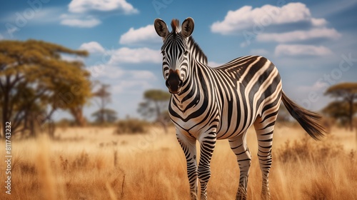 A zebra stands proudly in the golden savanna  with a backdrop of trees and a bright blue sky. Perfect for wildlife and nature photography.