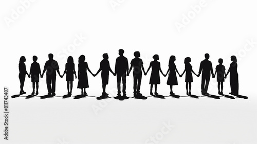 Diverse Group of People Holding Hands Together in Vector Silhouette Set Illustrating Unity, Teamwork, and Community Concept of Solidarity and Cooperation Among Different Ages, Men, Women, and Children