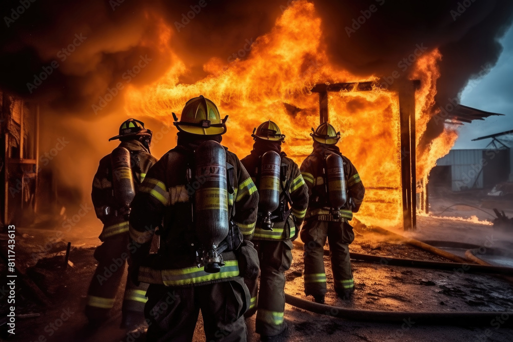 A team of firefighters in full gear standing united in front of blazing fire, poised to tackle inferno with determination and expertise A team of firefighters in full gear standing united in front of blazing fire, poised to tackle inferno with determination and expertise