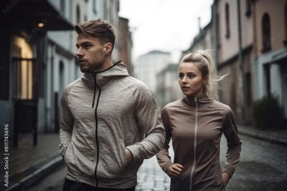 A man and a woman are walking down a city street, surrounded by buildings and cars. It is a bustling urban scene with pedestrians around A man and a woman are walking down a city street, surrounded by buildings and cars. It is a bustling urban scene with pedestrians around