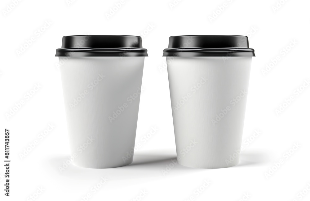 Two white takeaway paper cups with a white lid, isolated on a white background. Ideal for hot drinks like coffee or tea. Perfect for mockups, branding, or logo presentations. Two white takeaway paper cups with a white lid, isolated on a white background. Ideal for hot drinks like coffee or tea. Perfect for mockups, branding, or logo presentations.