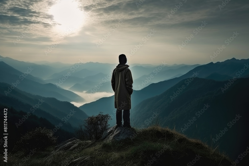 A man standing on a mountain peak, looking out over a vast valley spread out below him