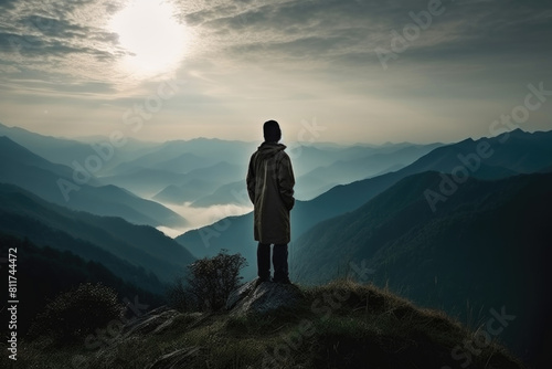A man standing on a mountain peak  looking out over a vast valley spread out below him