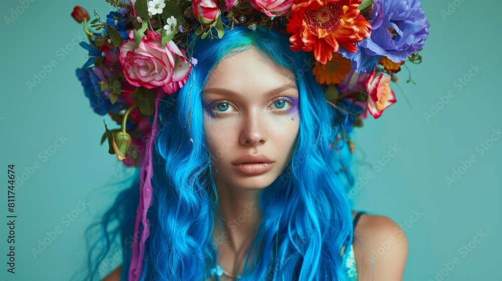 Dreamy young woman with blue hair and floral wreath, suitable for creative and nature-inspired themes. Dreamy young woman with blue hair and floral wreath, suitable for creative and nature-inspired themes.
