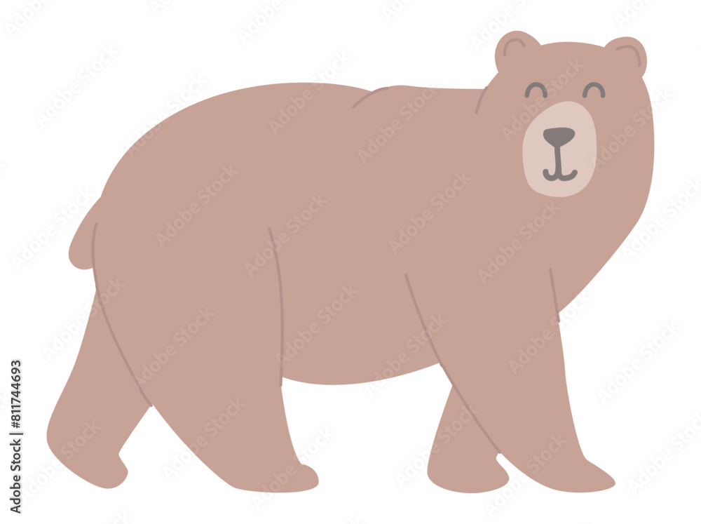 Cute bear in flat design. Happy wildlife pet, forest grizzly character. Vector illustration isolated.