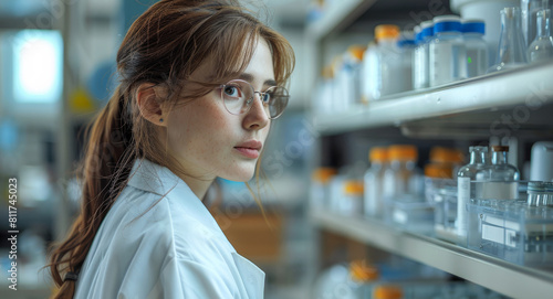 A woman brown haired working in laboratory. Generative AI.