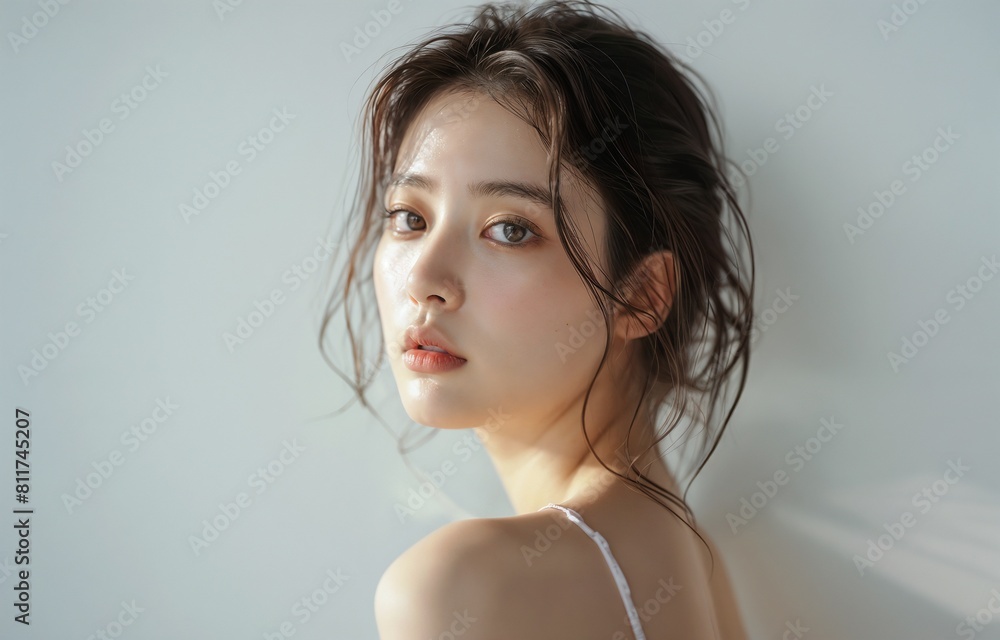 Serene Korean Beauty with Dewy Skin and Windswept Hair, Ideal for Beauty and Wellness Editorials Serene Korean Beauty with Dewy Skin and Windswept Hair, Ideal for Beauty and Wellness Editorials