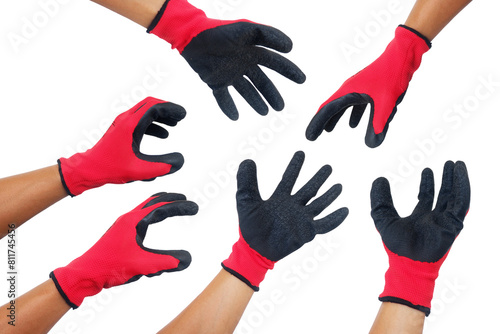 Collection includes red and black gloved hand gestures of men on a white background.