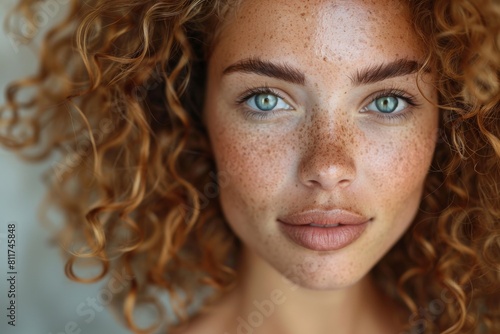 Detailed portrait of a woman with green eyes and freckles, capturing a look of serene confidence