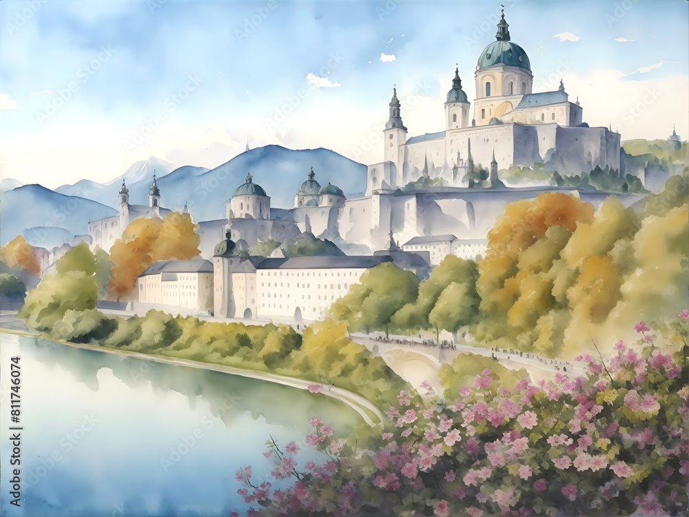 Obraz premium Salzburg Austria Country Landscape Illustration Art