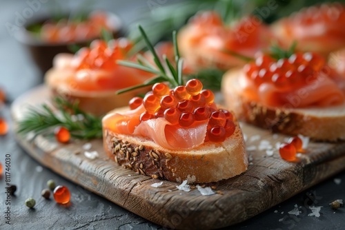 Smoked salmon with a generous topping of salmon roe on crusty bread, garnished with greenery photo