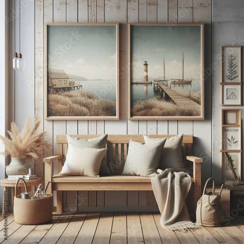 modern living room with marine paintings photo