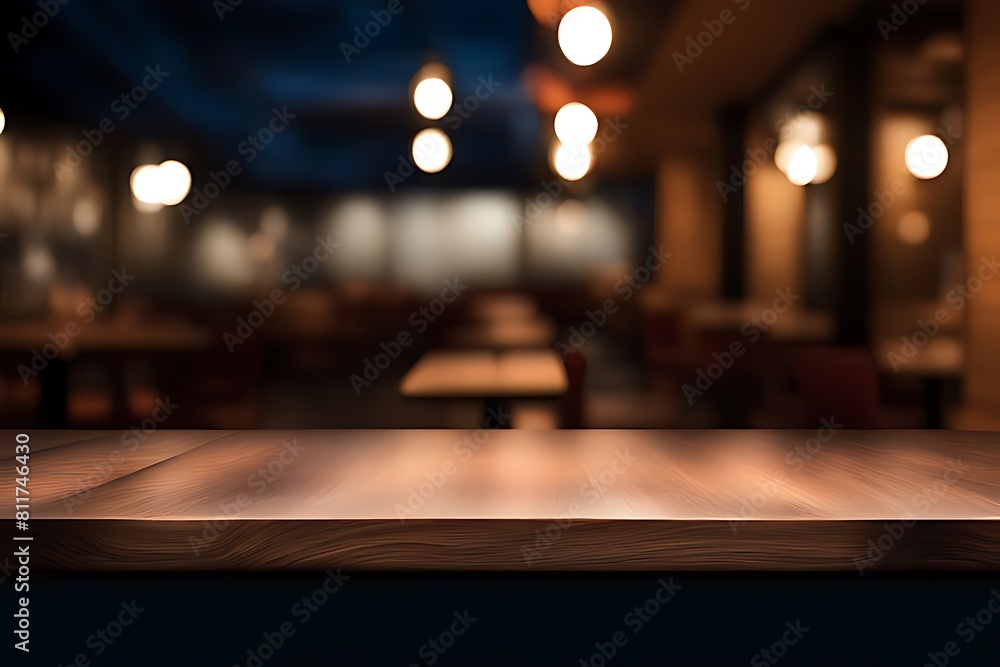Wood table top, Bar with blur, dark night cafe background Wood table top, Bar with blur, dark night cafe background