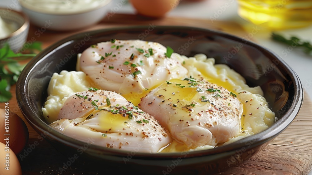 A chicken fillet and whipped eggs. Generative AI. A chicken fillet and whipped eggs. Generative AI.