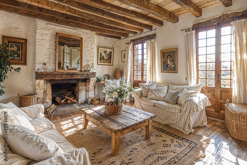 French country style living room with wooden floor and beams, comfortable sofas and a warm fireplace © Giordano Aita