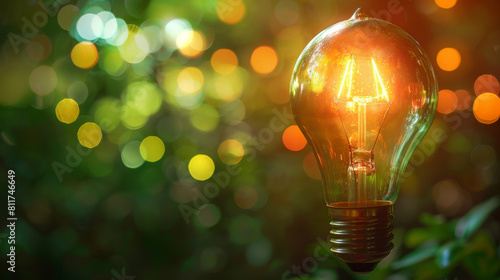 Energy and ecology, a light bulb glowing in warm colors, green, frame to fit the text. © Mikołaj Rychter