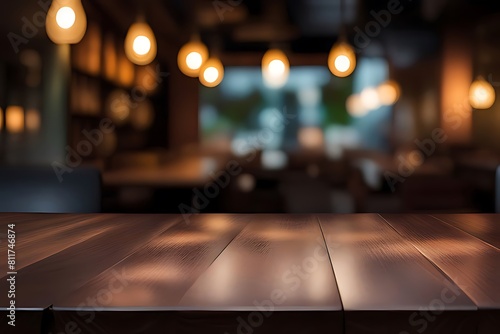 Wood table top, Bar with blur, dark night cafe background