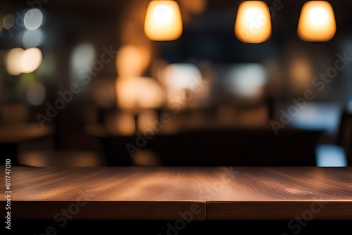 Wood table top, Bar with blur, dark night cafe background