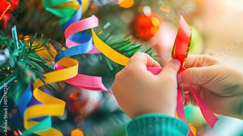 A hyperrealistic close-up of a child's hands carefully wrapping colorful construction paper around a homemade holiday ornament for their classroom Christmas tree.