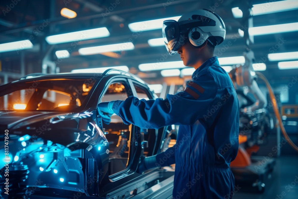 Automotive engineer using advanced technology at futuristic assembly line for car manufacturing Automotive engineer using advanced technology at futuristic assembly line for car manufacturing