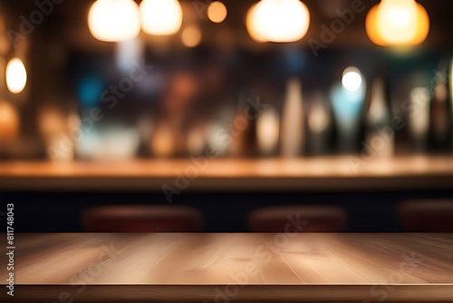Wood table top  Bar with blur  dark night cafe background
