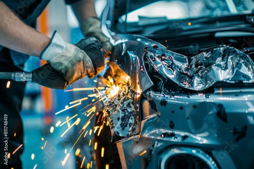 Professional car body welder at modern auto repair shop fixing car damage after accident