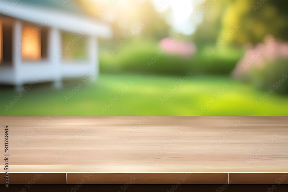 Empty wood table top, on blur abstract garden and house background from window, morning sunlight. concept for product display design Empty wood table top, on blur abstract garden and house background from window, morning sunlight. concept for product display design