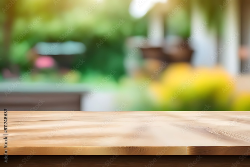 Empty wood table top, on blur abstract garden and house background from window, morning sunlight. concept for product display design