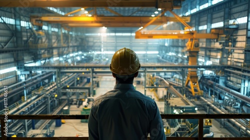 An industrial engineer looking out at a large factory floor. Steel production factory, steel forming, steel and aluminum export, and stainless steel. 