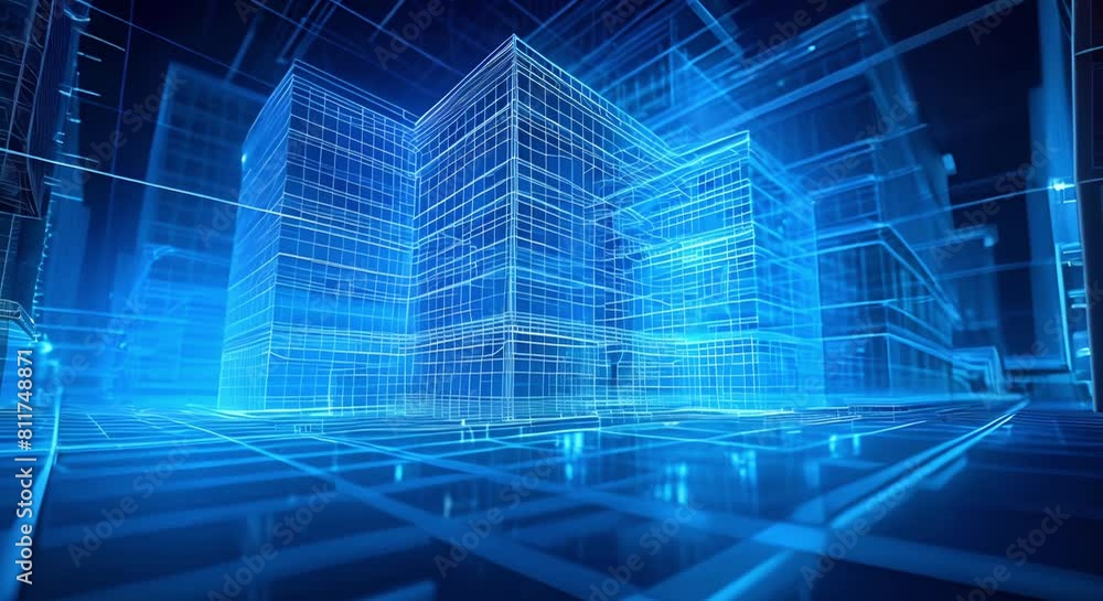 A holographic wireframe of a building viewed by a professional engineer. Concept Architecture, Engineering, Holographic Technology, Building Design, Professional Perspective A holographic wireframe of a building viewed by a professional engineer. Concept Architecture, Engineering, Holographic Technology, Building Design, Professional Perspective