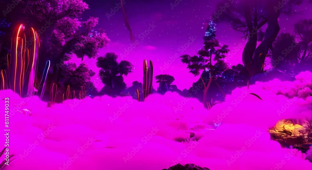Nighttime futuristic ecosystem with bioluminescent plants and neon ...