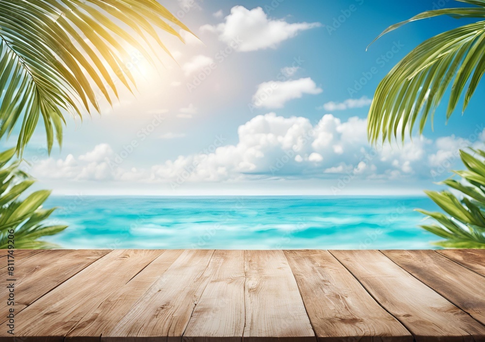 Banner summer tropical sea with waves, palm leaves and blue sky with clouds Banner summer tropical sea with waves, palm leaves and blue sky with clouds