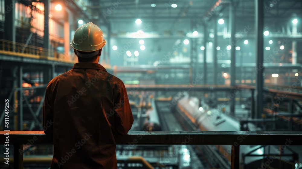 An industrial worker is looking at the factory floor. Steel production factory, steel forming, steel and aluminum export, and stainless steel.
