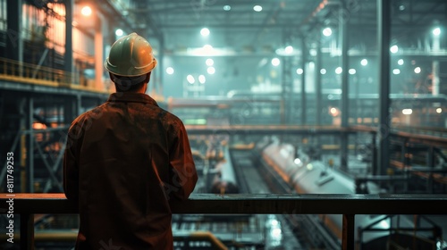 An industrial worker is looking at the factory floor. Steel production factory  steel forming  steel and aluminum export  and stainless steel. 