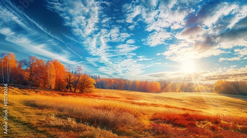 Sunny day in the countryside. enchanting autumn landscape with a charming rural idyll photo